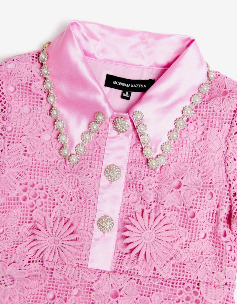 BCBGMAXAZRIA Girls Floral Lace Dress with Diamante Pearl Collar in Pink