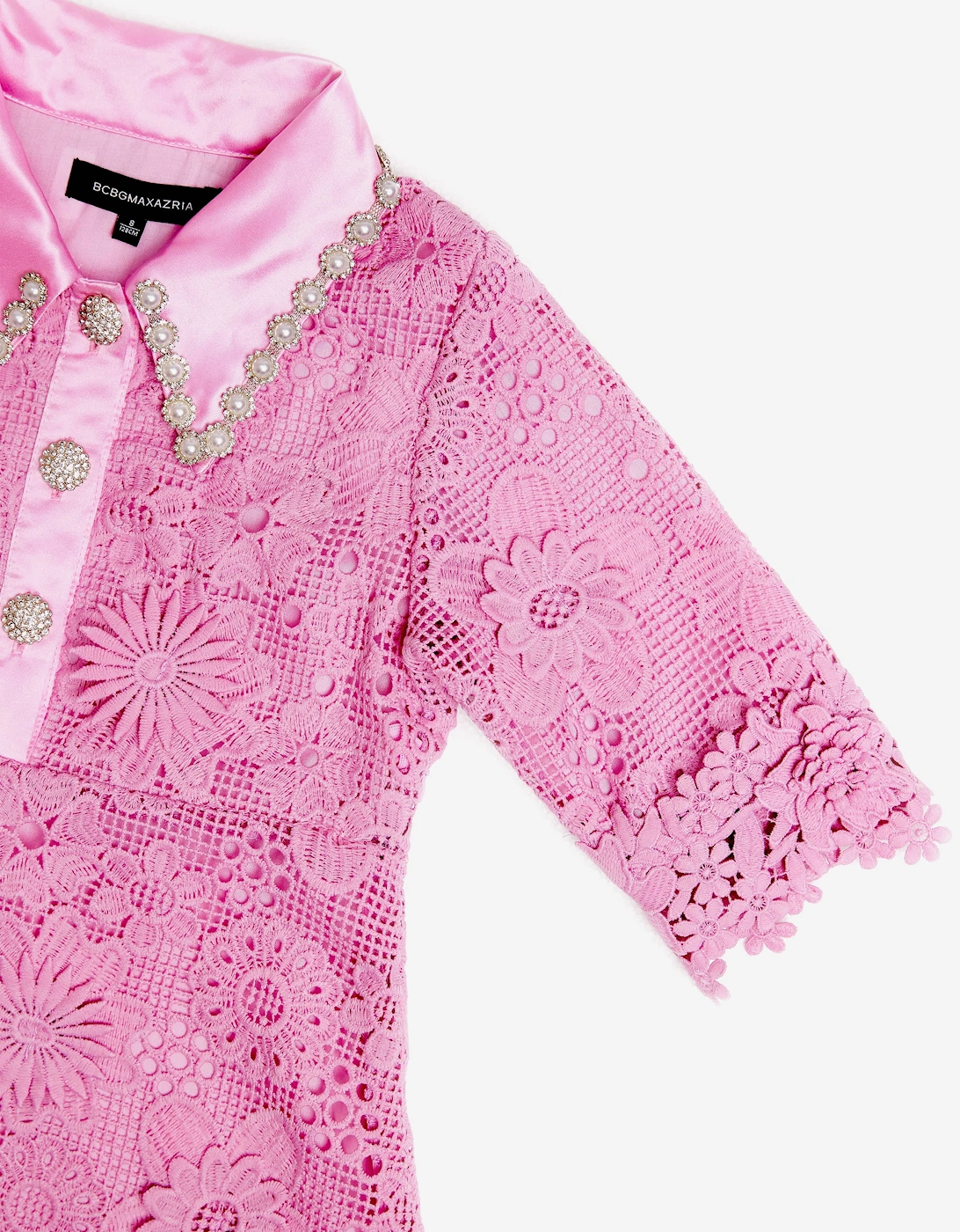 BCBGMAXAZRIA Girls Floral Lace Dress with Diamante Pearl Collar in Pink