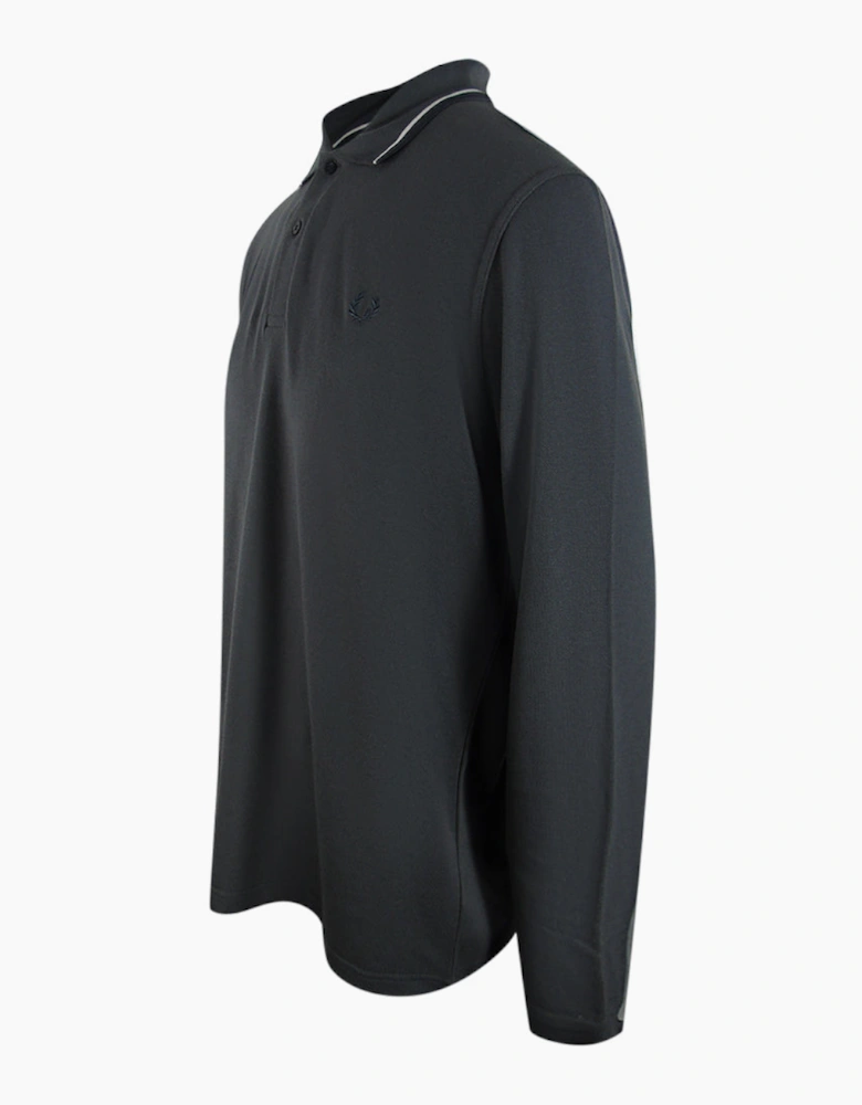White Twin Tipped Collar Gunmetal Grey Long Sleeve Polo Shirt