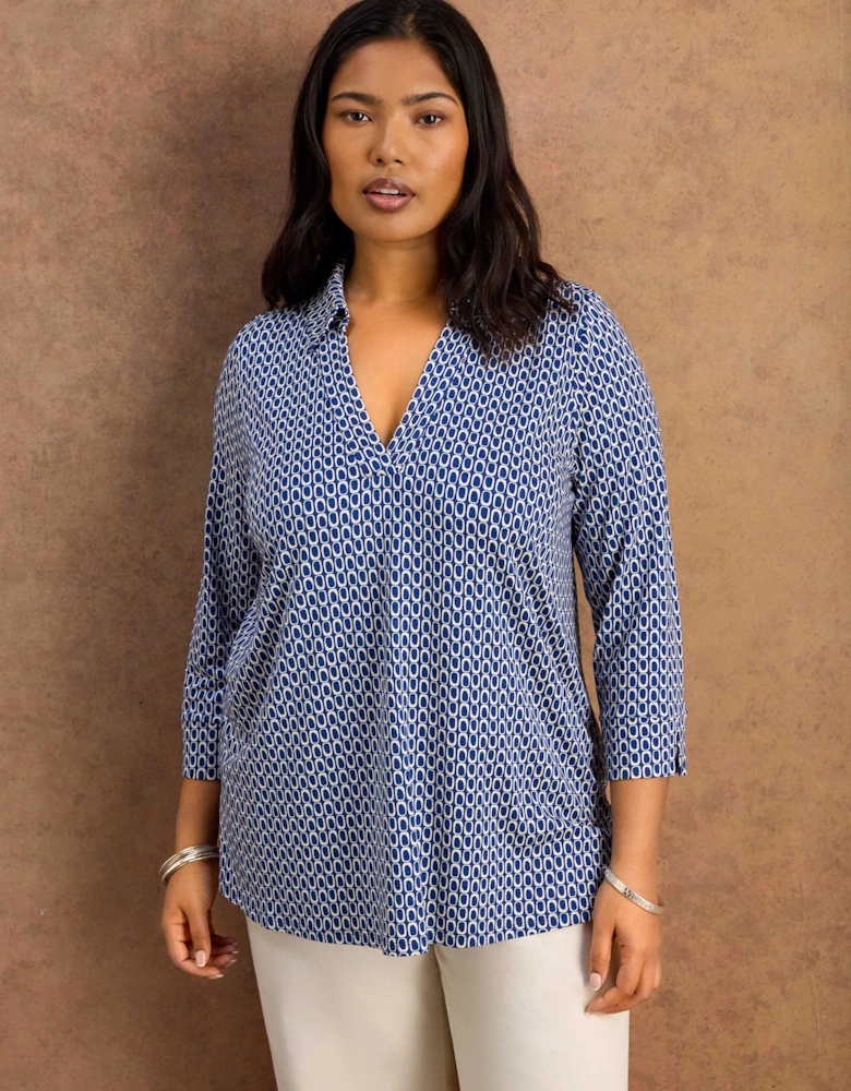 Blue Geo Print 3/4 Sleeve Collared V-Neck Jersey Top