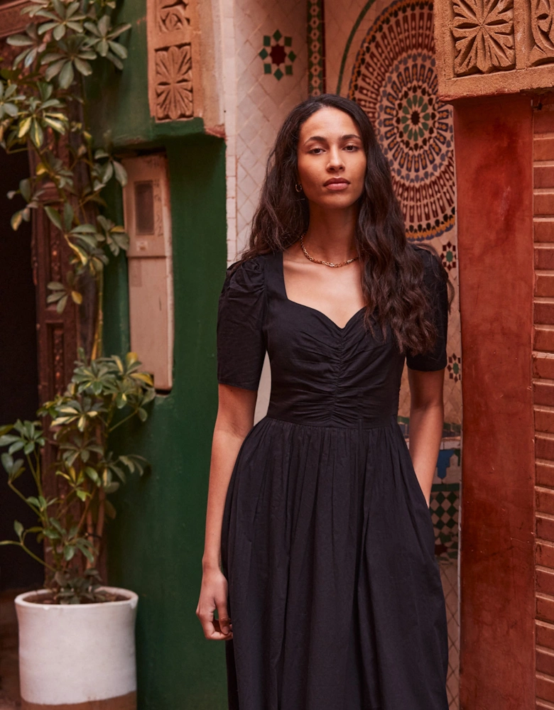 Black Sweetheart Neckline Cotton Voile Midi Dress