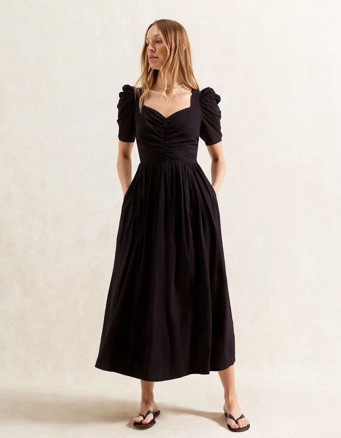 Black Sweetheart Neckline Cotton Voile Midi Dress