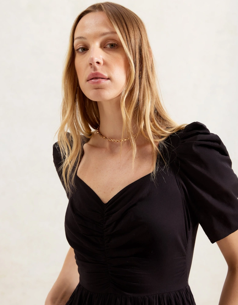 Black Sweetheart Neckline Cotton Voile Midi Dress