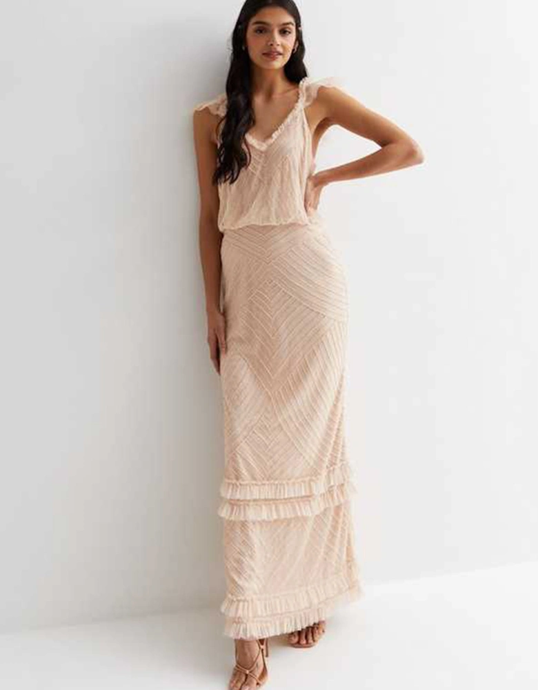 Nude Beaded Ruffle Maxi Dress