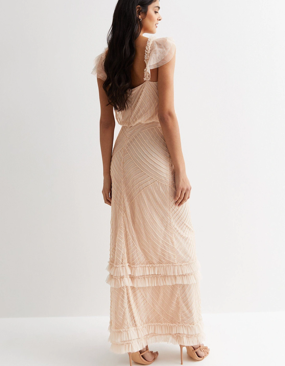 Nude Beaded Ruffle Maxi Dress