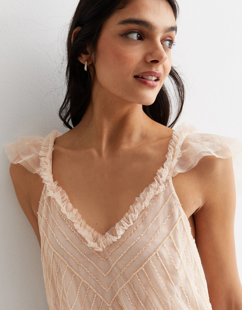 Nude Beaded Ruffle Maxi Dress