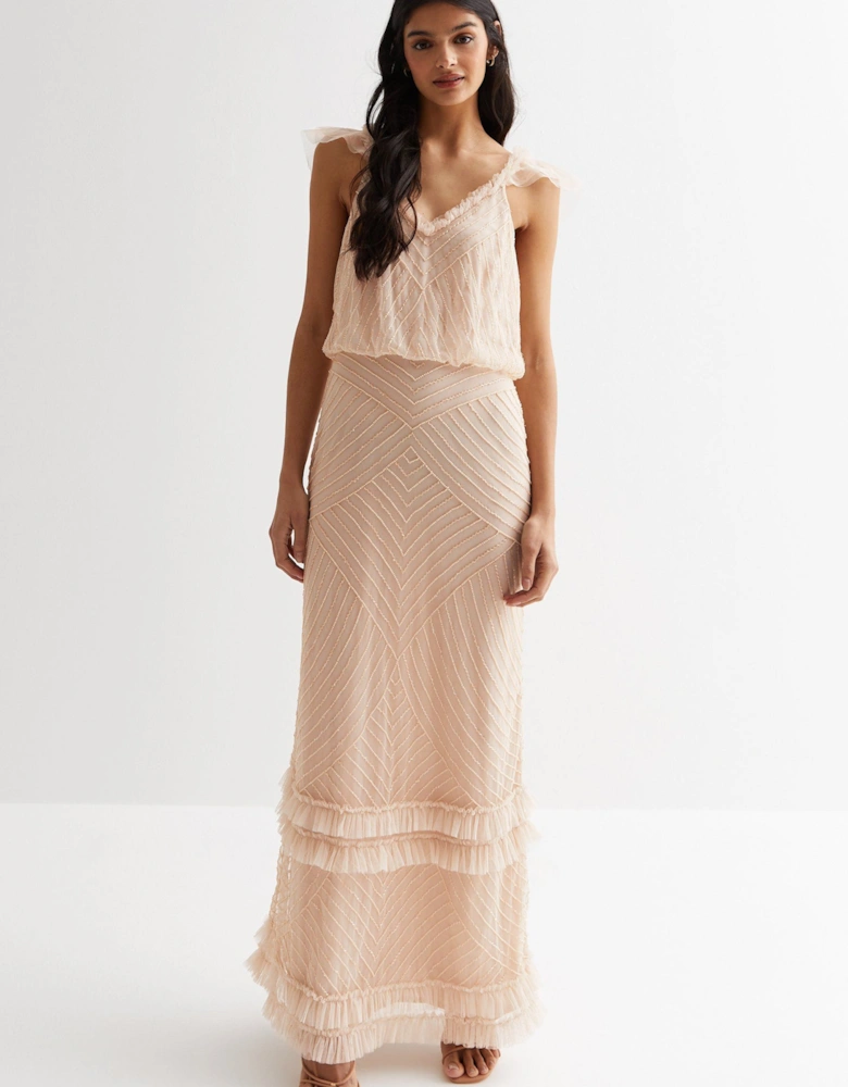 Nude Beaded Ruffle Maxi Dress