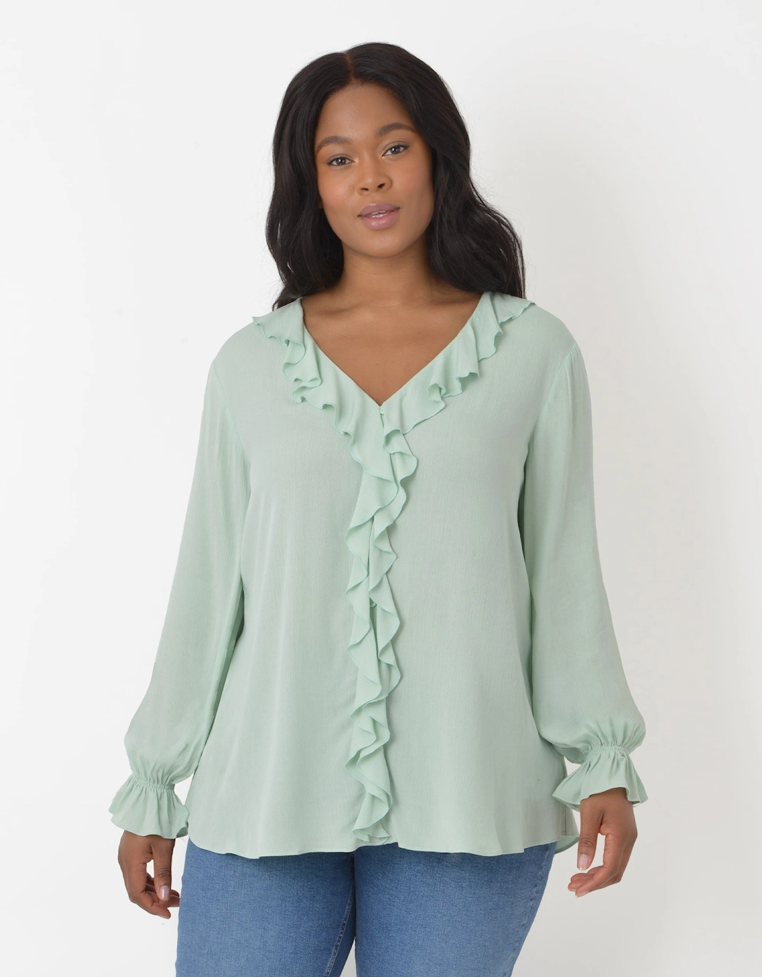Sage Green Crinkle Ruffle Blouse