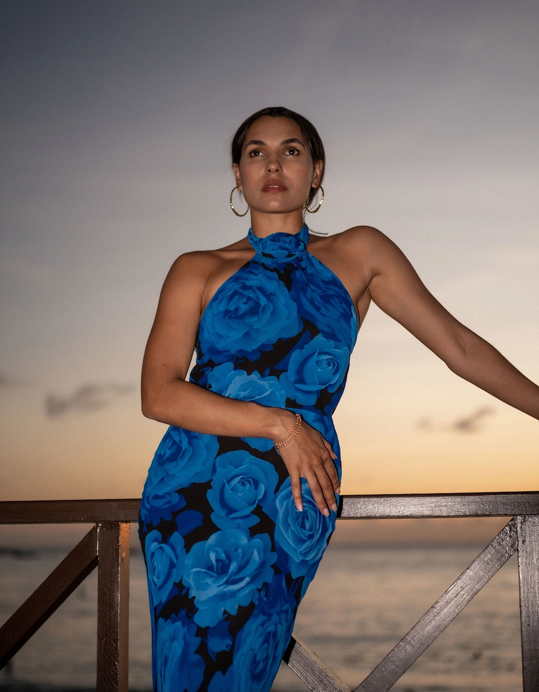 Blue Floral Occasion Halter Maxi Dress