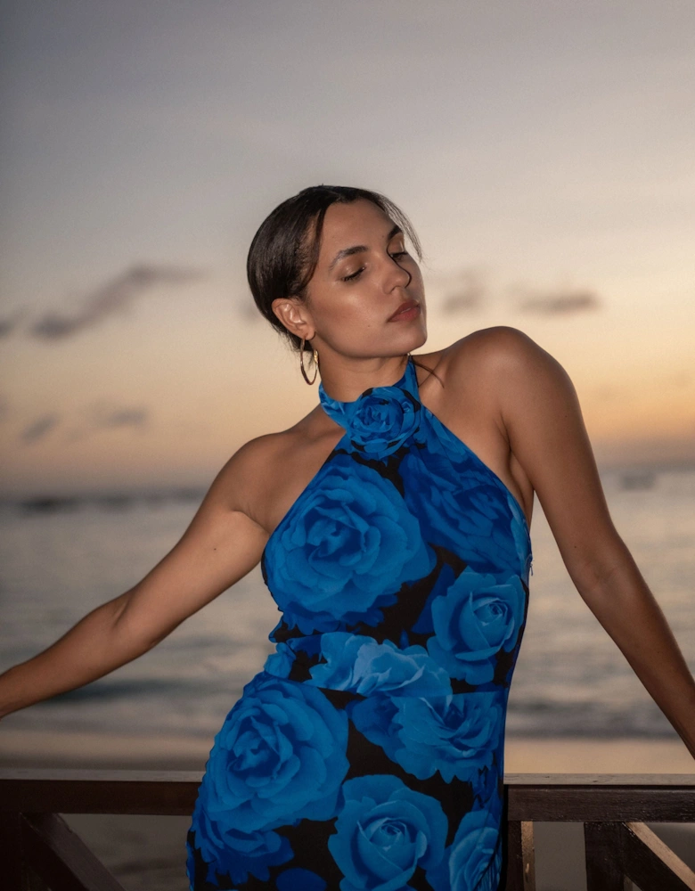 Blue Floral Occasion Halter Maxi Dress