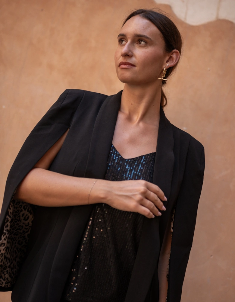 Black Tailored Cape with Leopard Print Lining