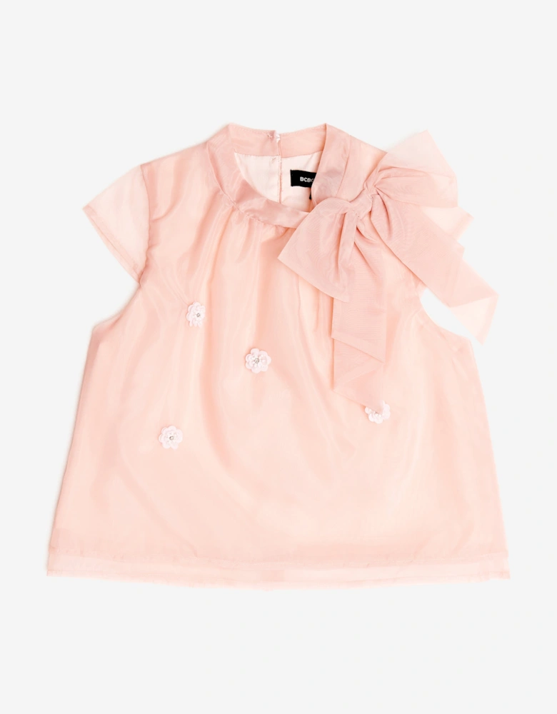 BCBGMAXAZRIA Girls Bow Neck Tie Organza Blouse in Pink