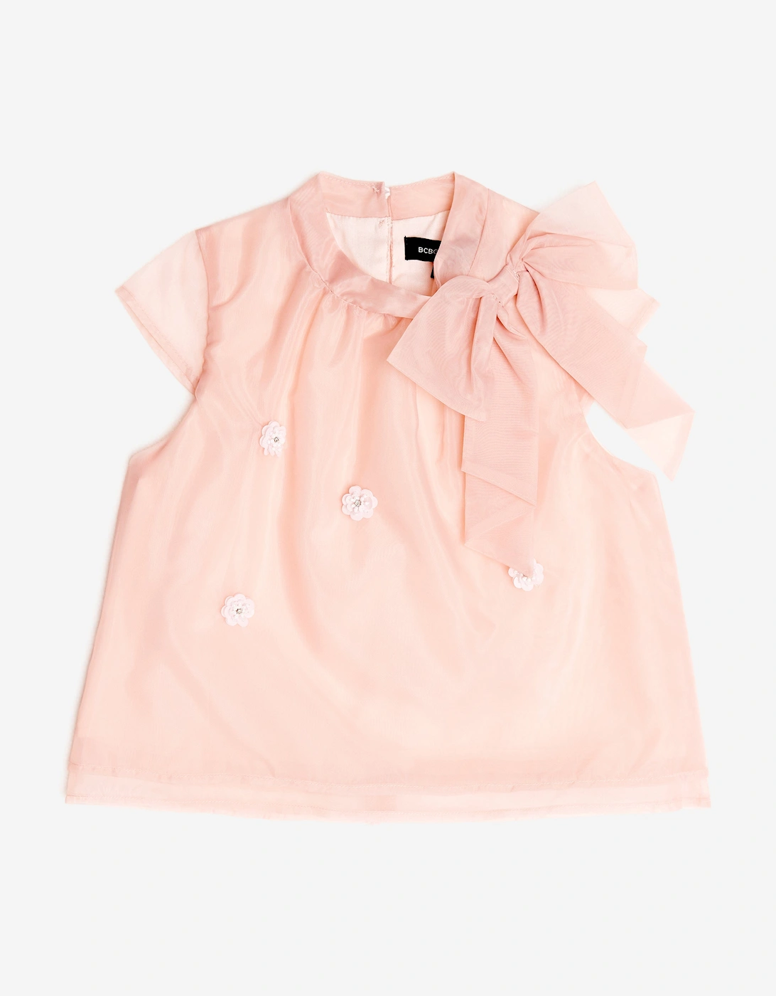 BCBGMAXAZRIA Girls Bow Neck Tie Organza Blouse in Pink, 6 of 5