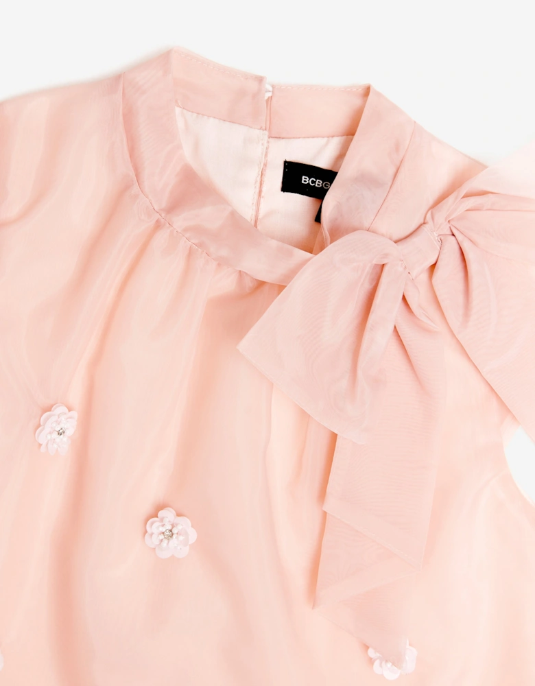 BCBGMAXAZRIA Girls Bow Neck Tie Organza Blouse in Pink