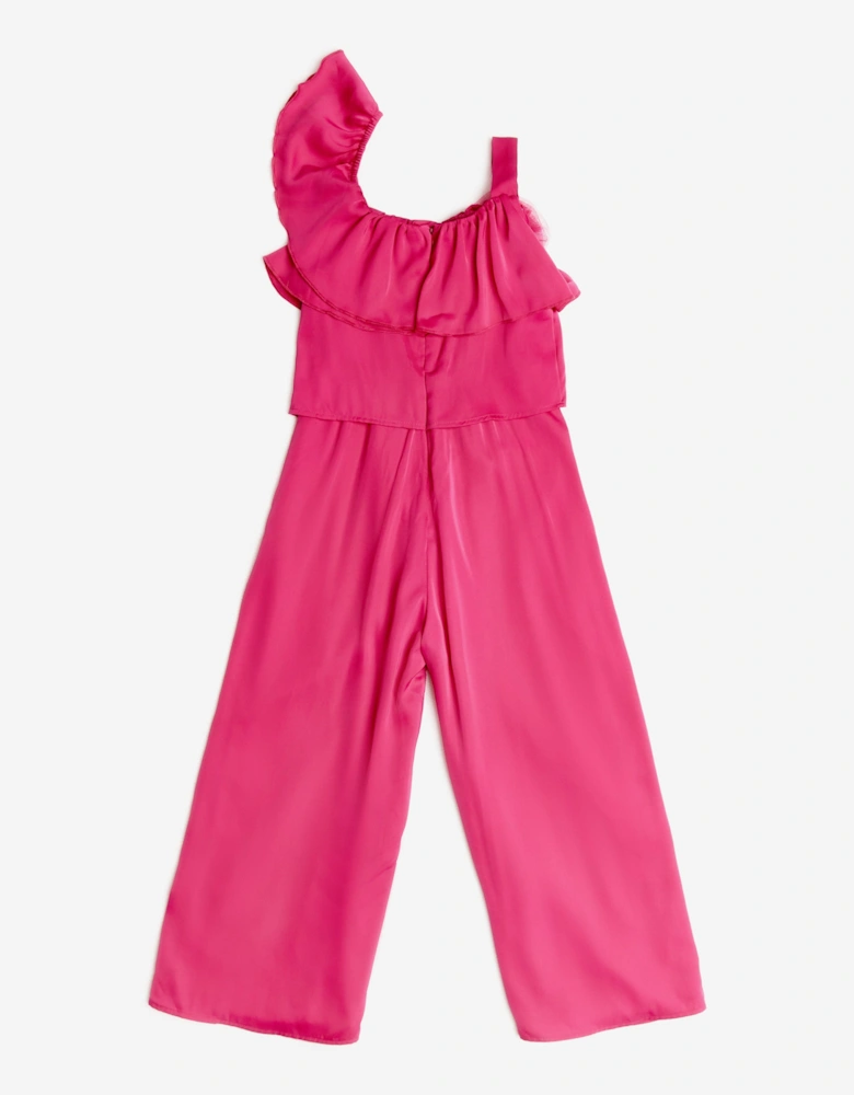 BCBGMAXAZRIA Girls Asymmetric Shoulder Jumpsuit with 3D Tulle Flower in Pink
