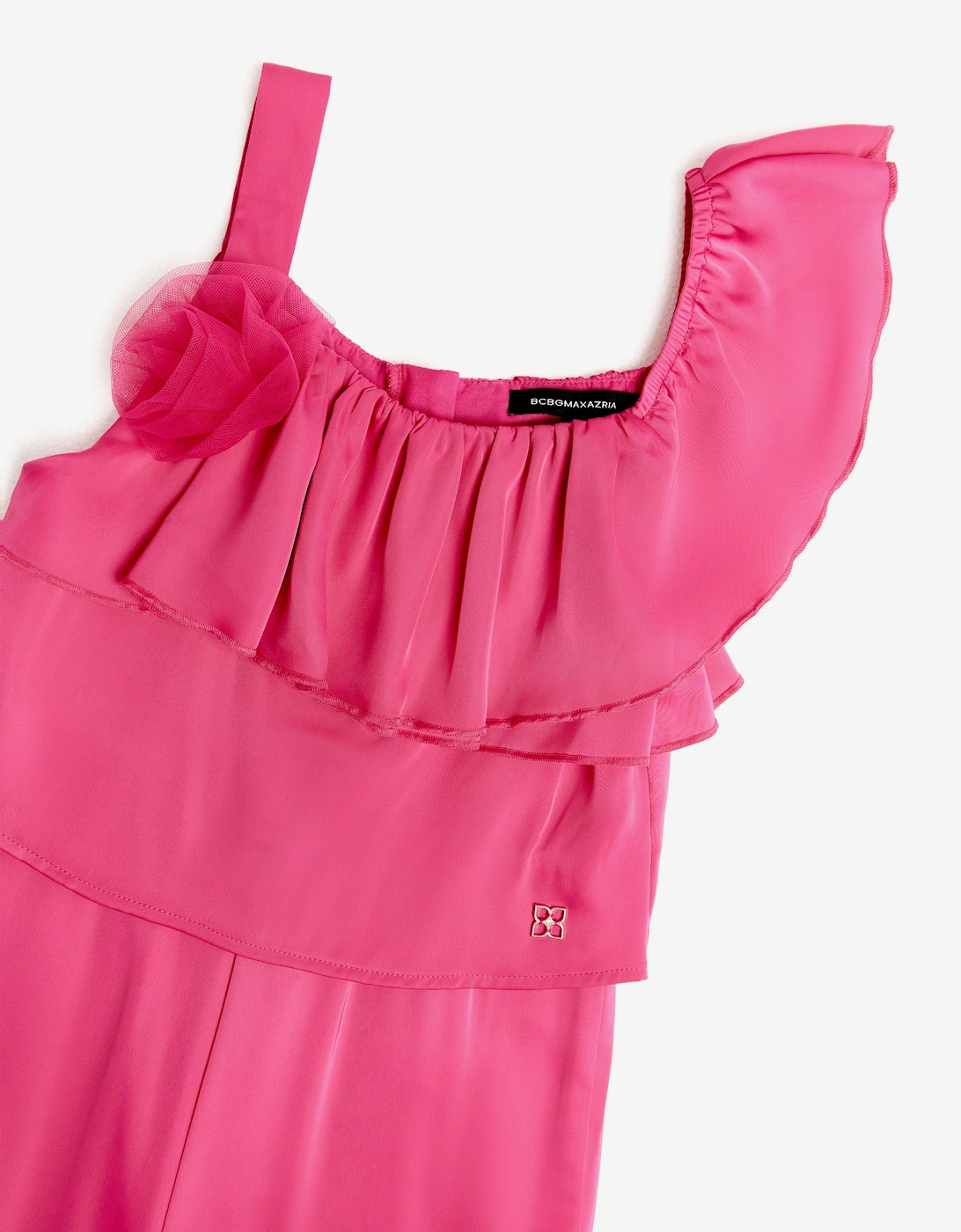 BCBGMAXAZRIA Girls Asymmetric Shoulder Jumpsuit with 3D Tulle Flower in Pink