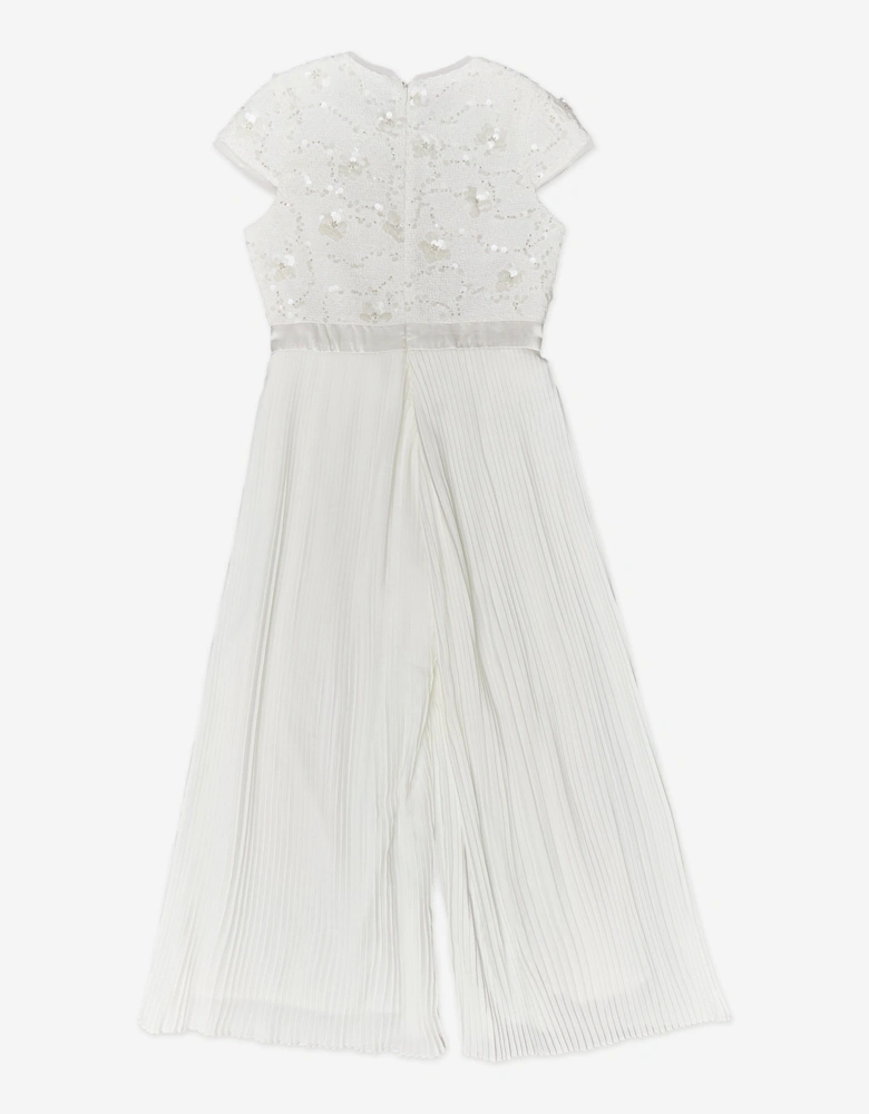 BCBGMAXAZRIA Girls Tweed Jumpsuit with Satin Bow in White