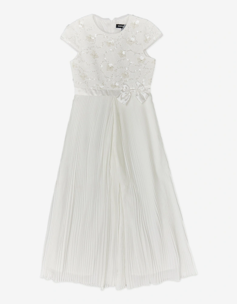 BCBGMAXAZRIA Girls Tweed Jumpsuit with Satin Bow in White