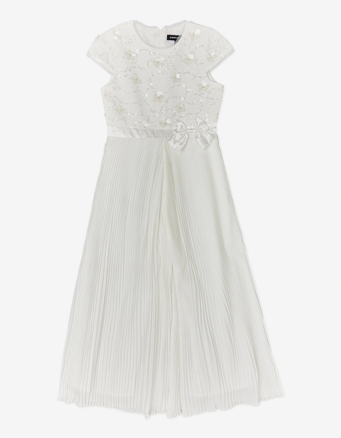 BCBGMAXAZRIA Girls Tweed Jumpsuit with Satin Bow in White, 6 of 5