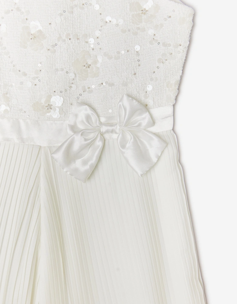 BCBGMAXAZRIA Girls Tweed Jumpsuit with Satin Bow in White