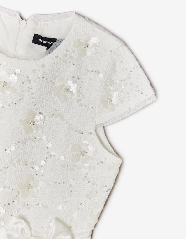 BCBGMAXAZRIA Girls Tweed Jumpsuit with Satin Bow in White