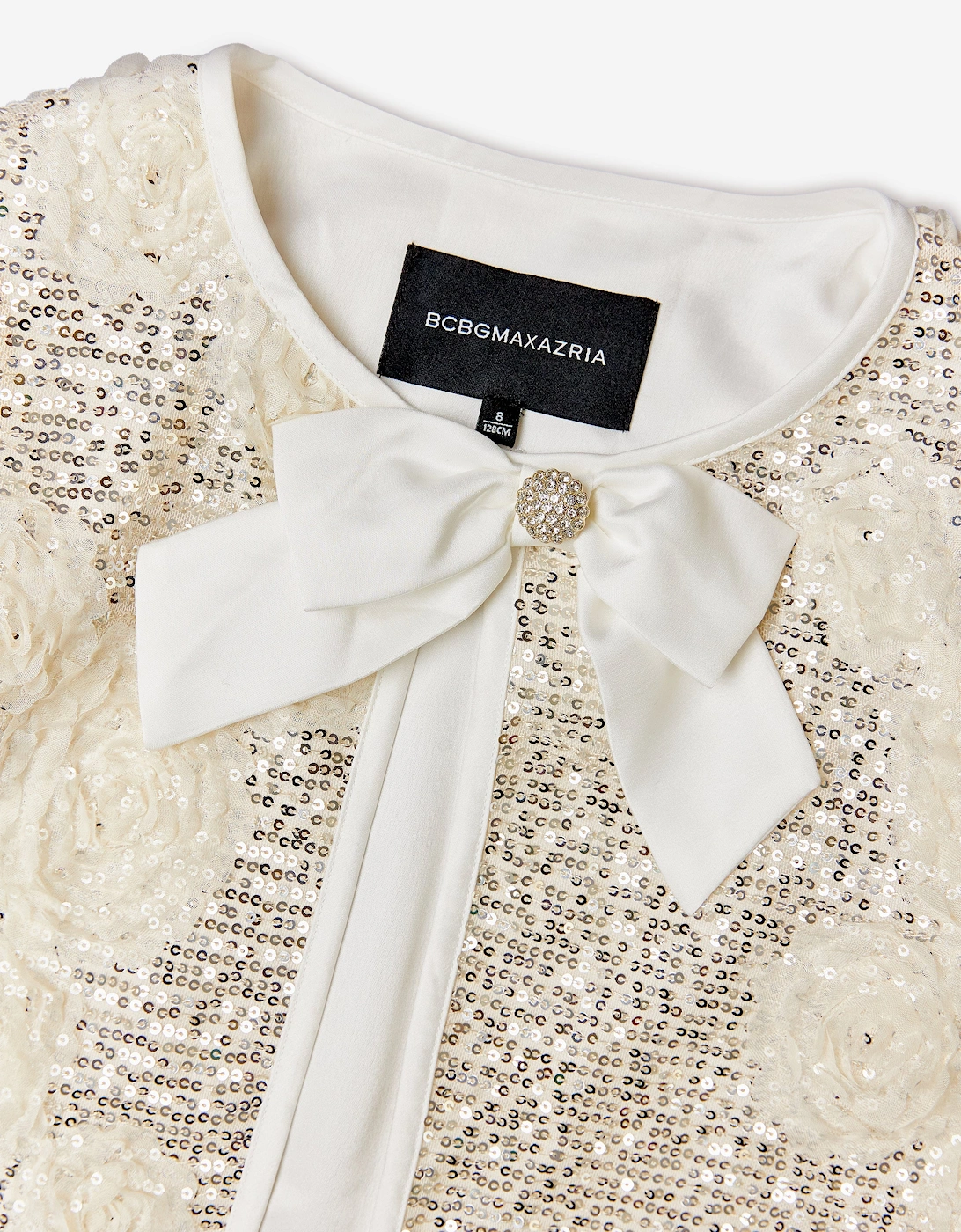BCBGMAXAZRIA Girls 3D Flower Sequin Jacket in Beige