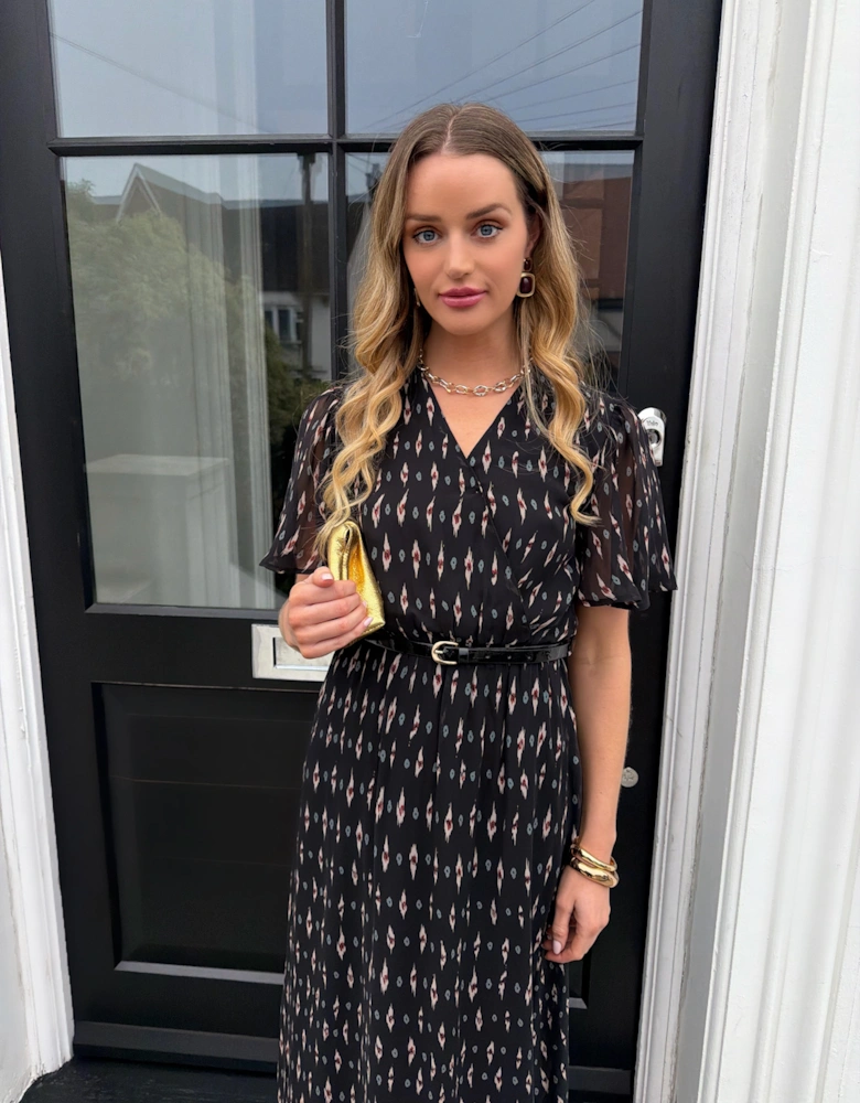 Black Silk Geo Print Midi Dress