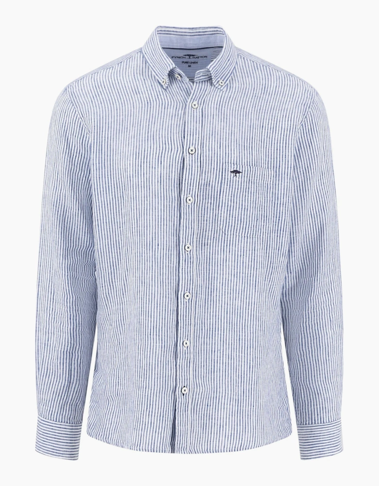FYNCH-HATTON LONG SLEEVED LINEN SHIRT HARBOUR BLUE STRIPE