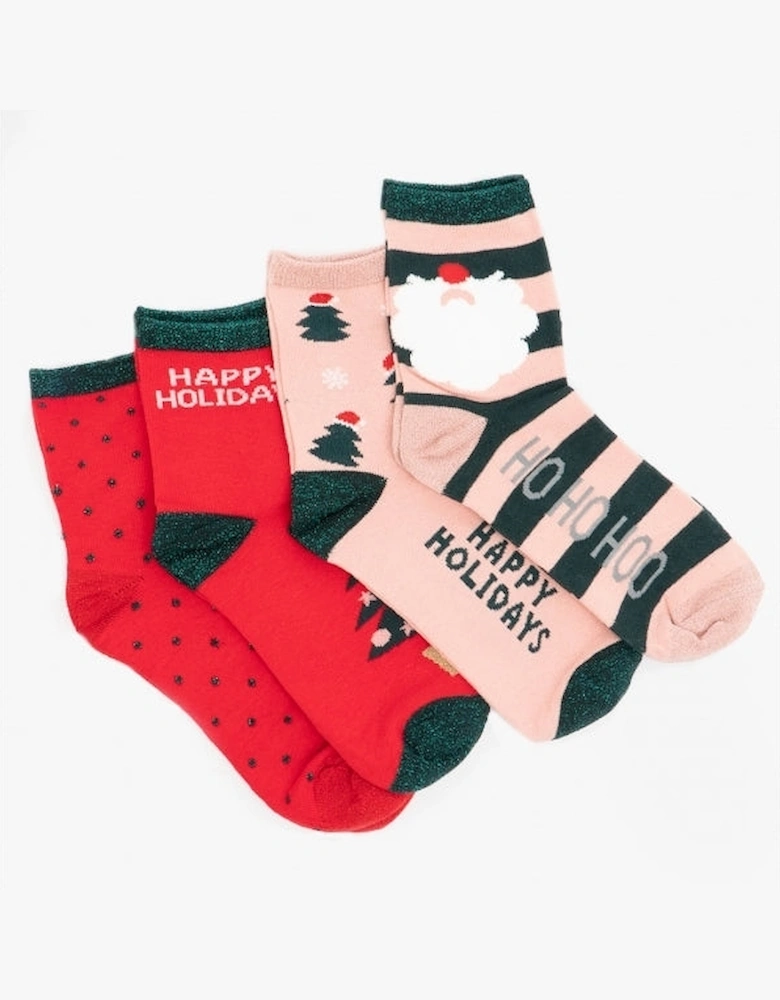 Joules SNOWFLAKE Womens Cotton 4 Pack Socks Red/Multi