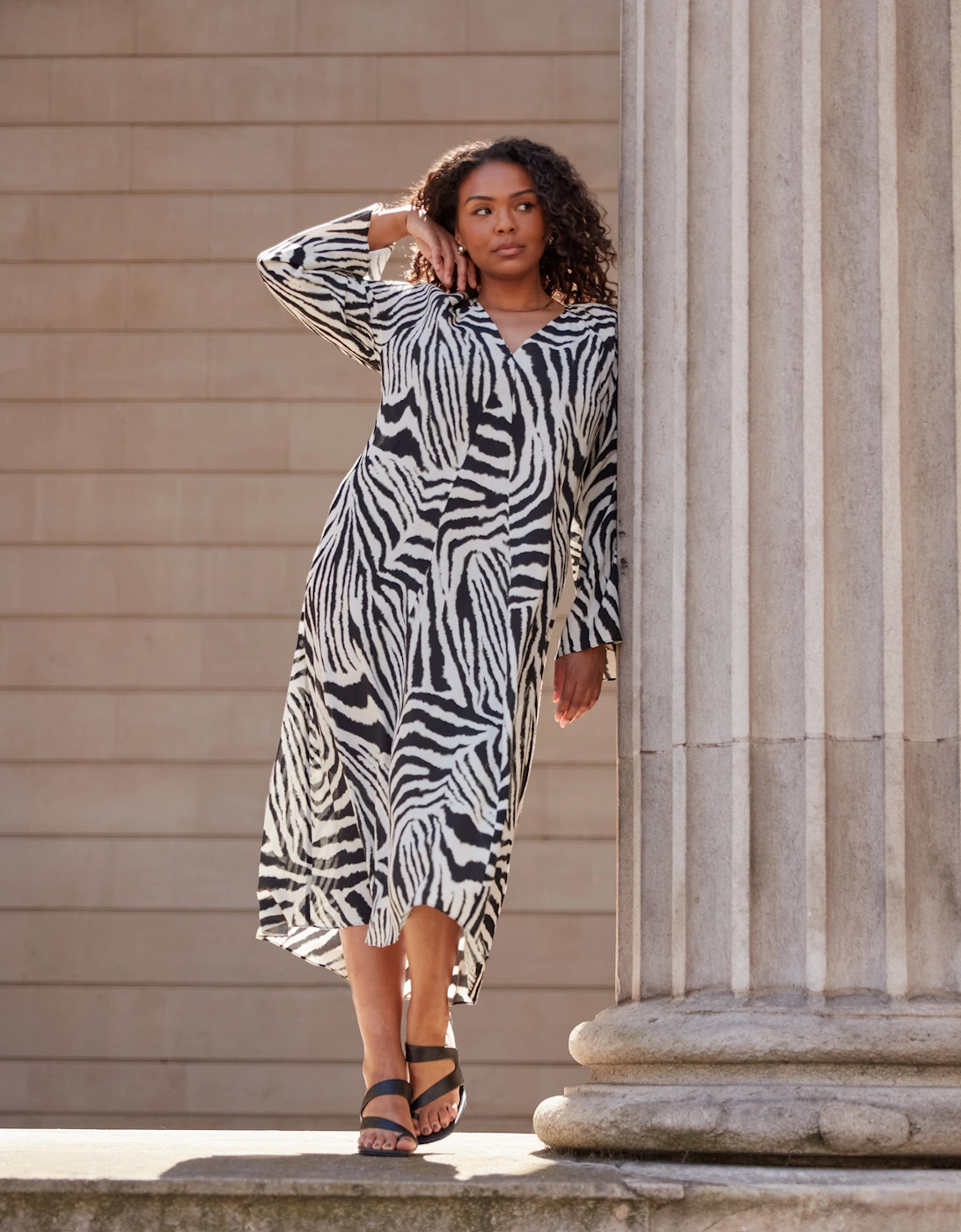 Mono Zebra Print Long Sleeve Midi Dress