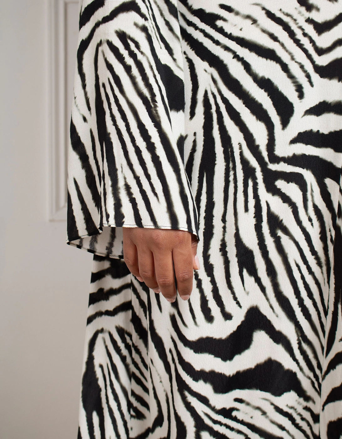 Mono Zebra Print Long Sleeve Midi Dress