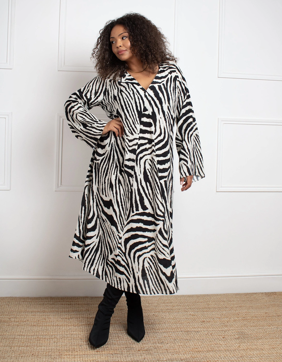 Mono Zebra Print Long Sleeve Midi Dress