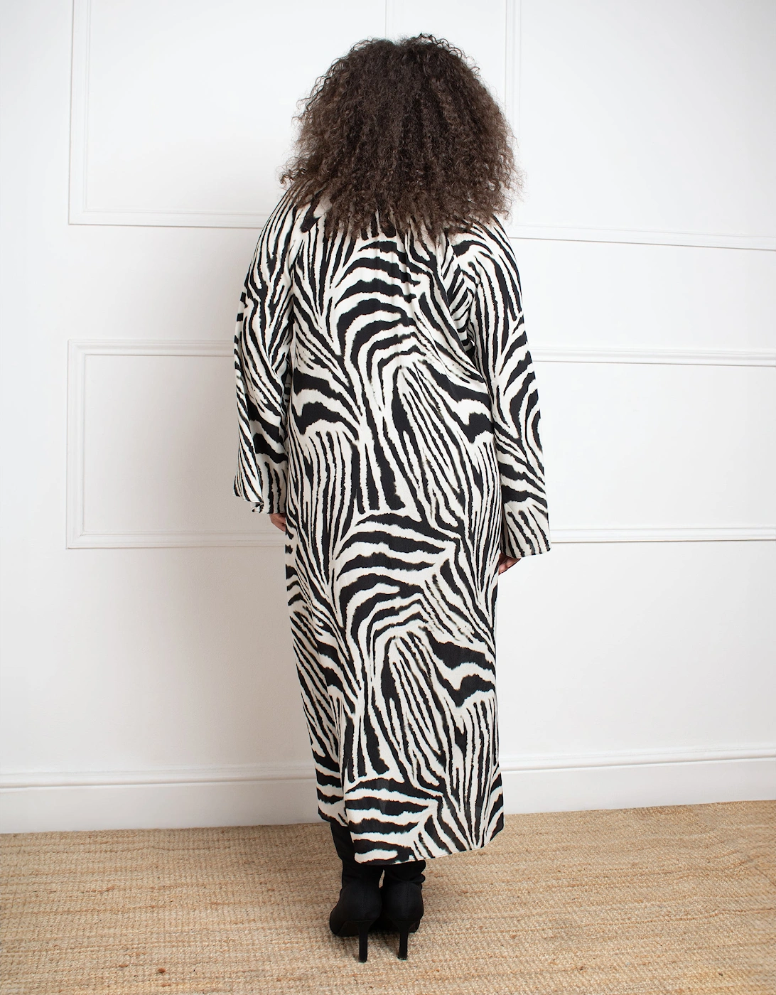 Mono Zebra Print Long Sleeve Midi Dress