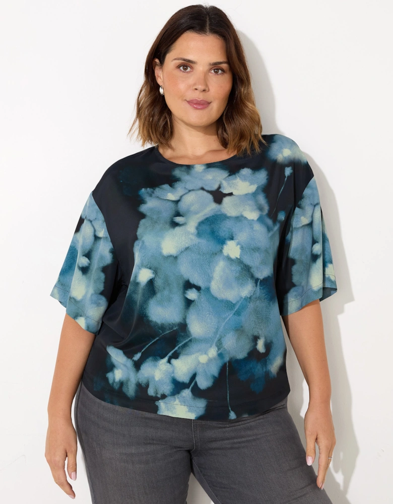 Blue Floral Print Woven Elevated T-Shirt