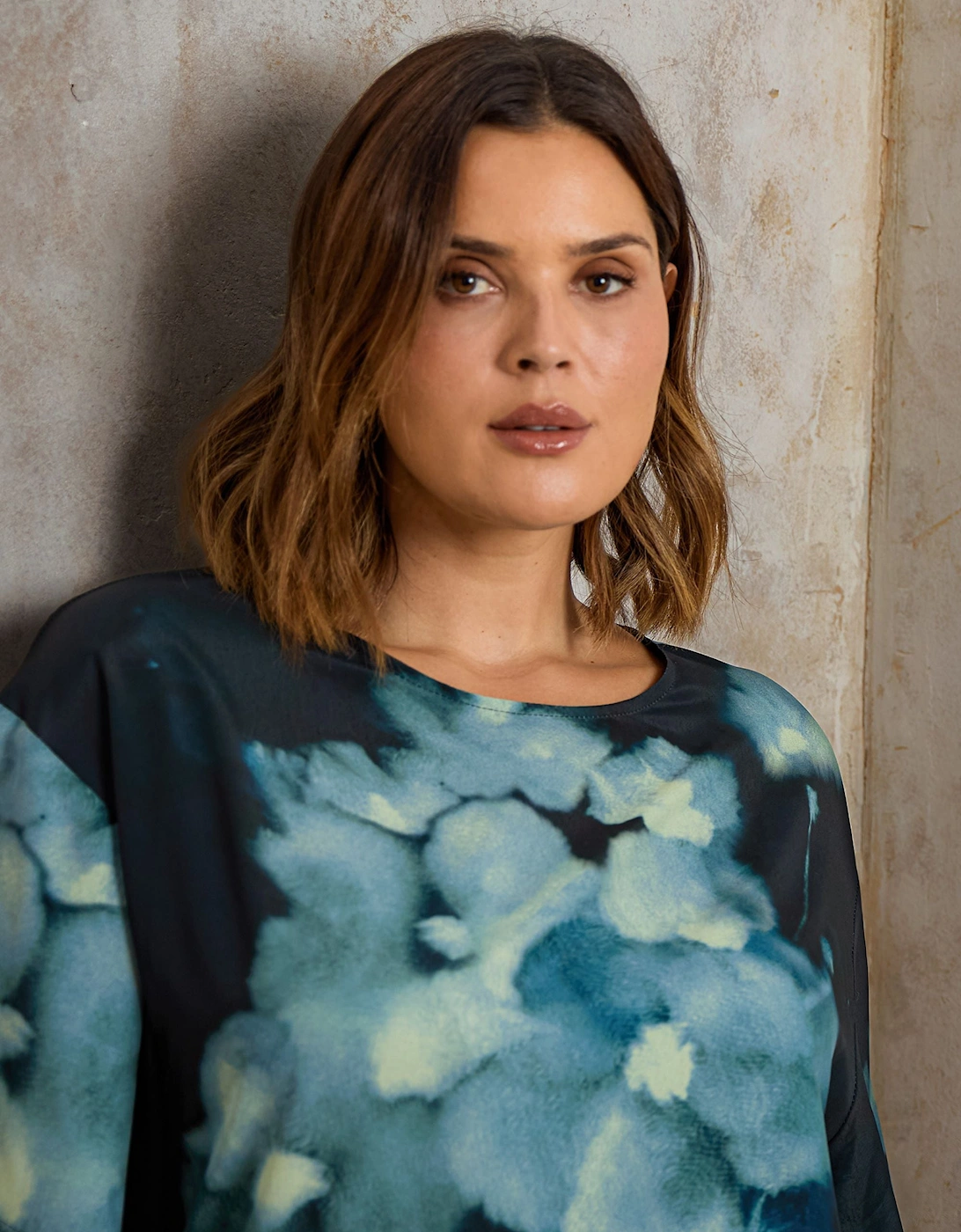 Blue Floral Print Woven Elevated T-Shirt