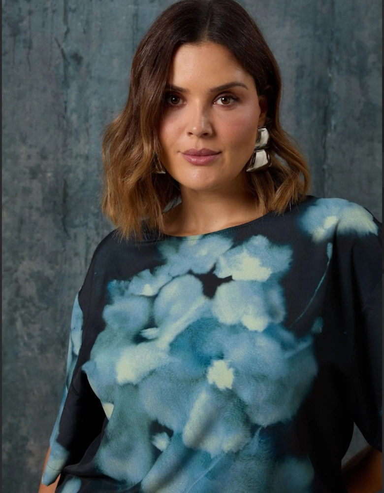 Blue Floral Print Woven Elevated T-Shirt