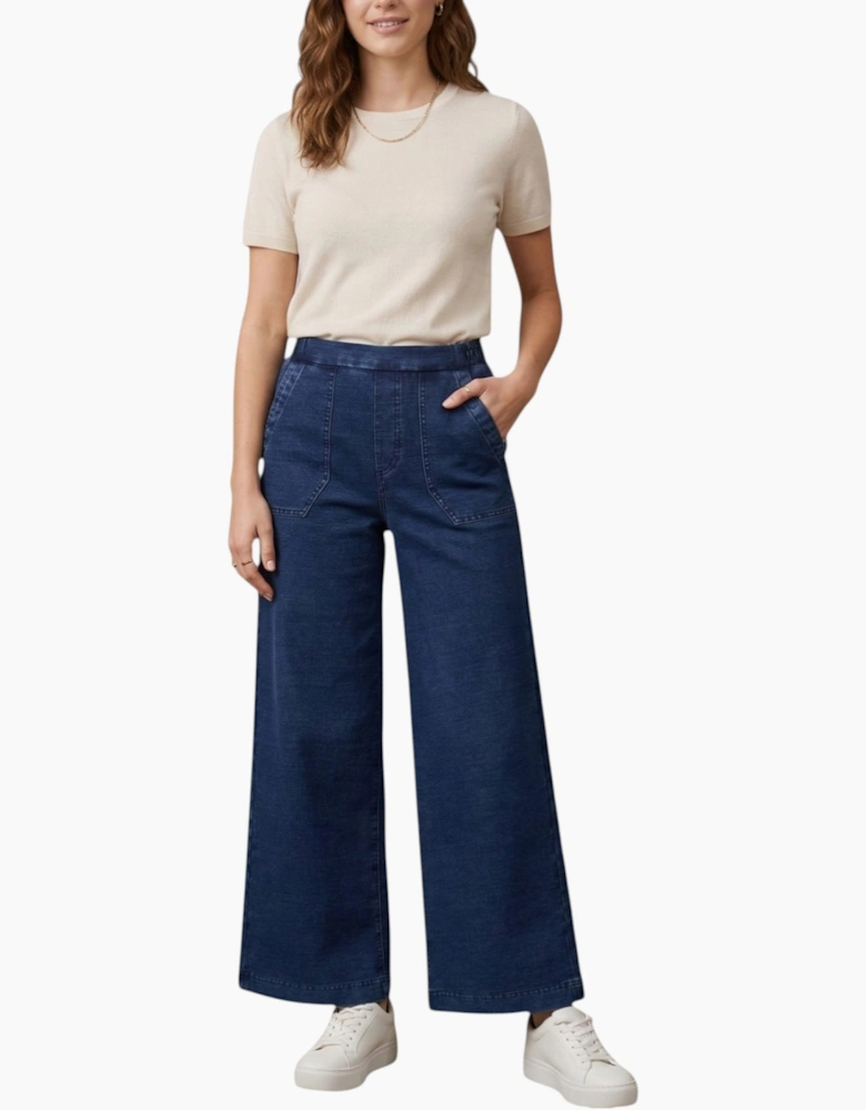 M&S Womens Denim Wide Leg Elasticated Waist High Rise Trousers Stretch Pants