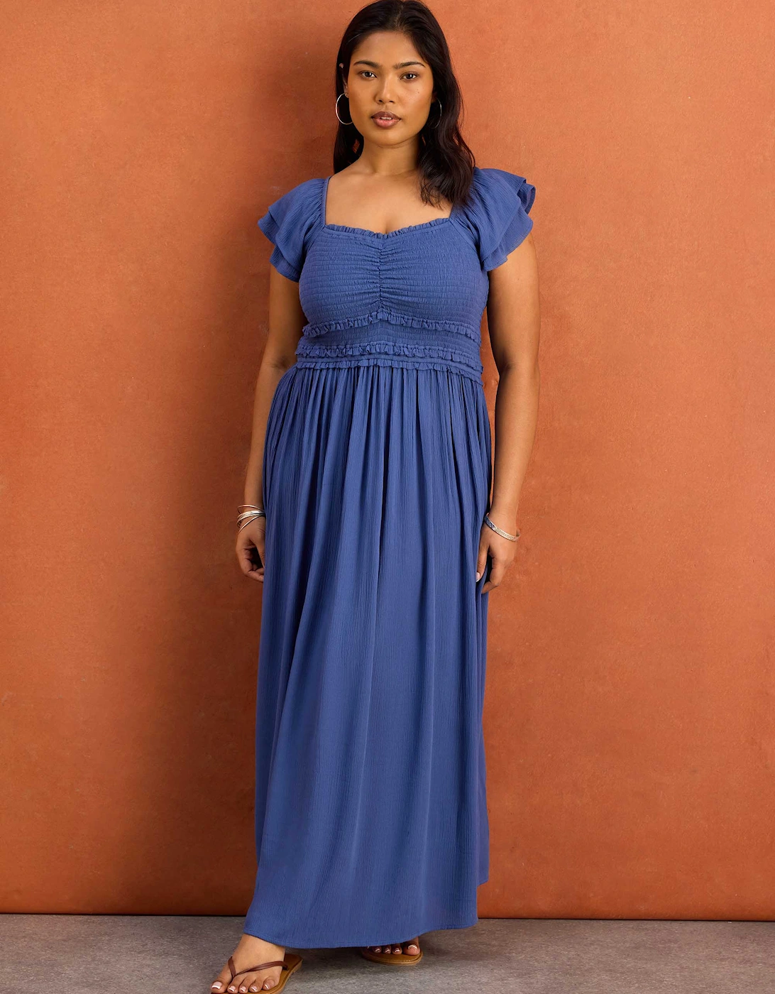 Blue Smocked Crinkle Flutter Sleeve Midaxi Dress