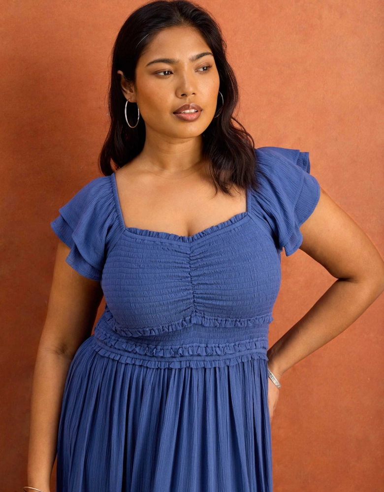 Blue Smocked Crinkle Flutter Sleeve Midaxi Dress