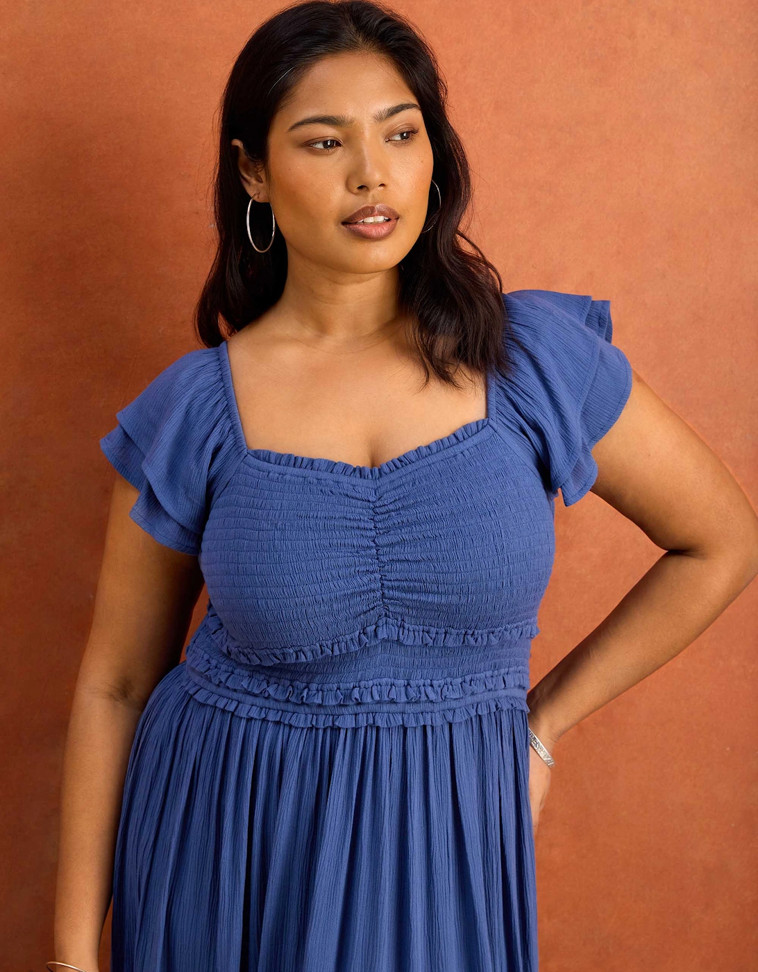 Blue Smocked Crinkle Flutter Sleeve Midaxi Dress