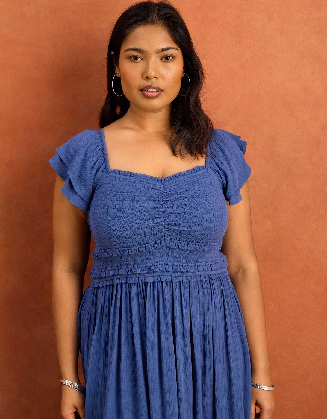 Blue Smocked Crinkle Flutter Sleeve Midaxi Dress
