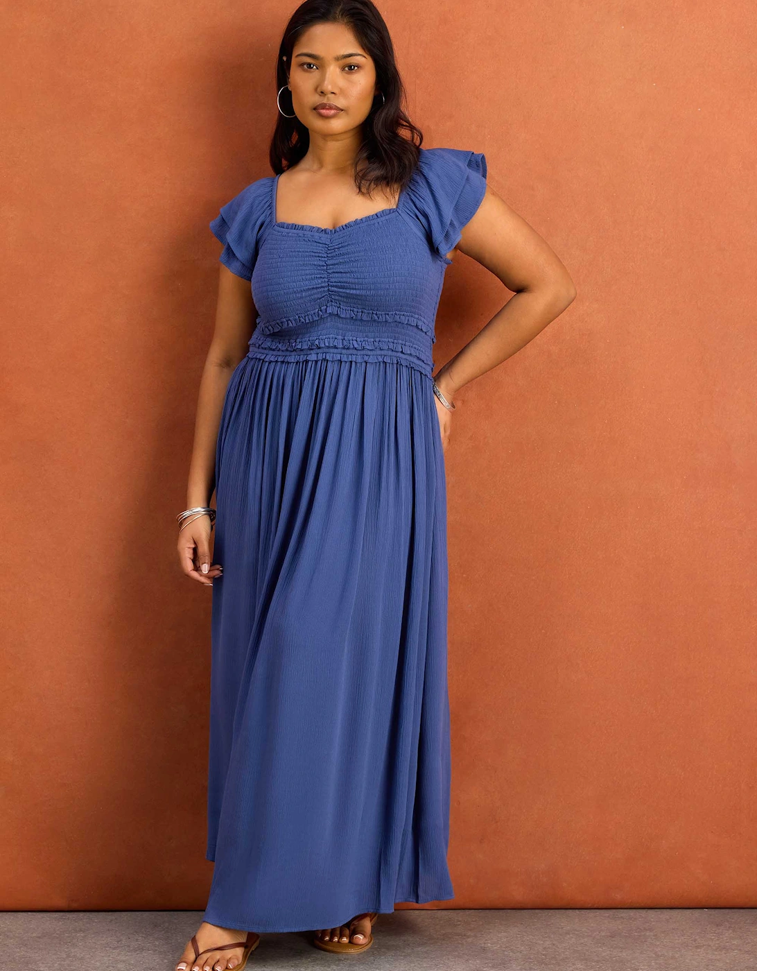 Blue Smocked Crinkle Flutter Sleeve Midaxi Dress
