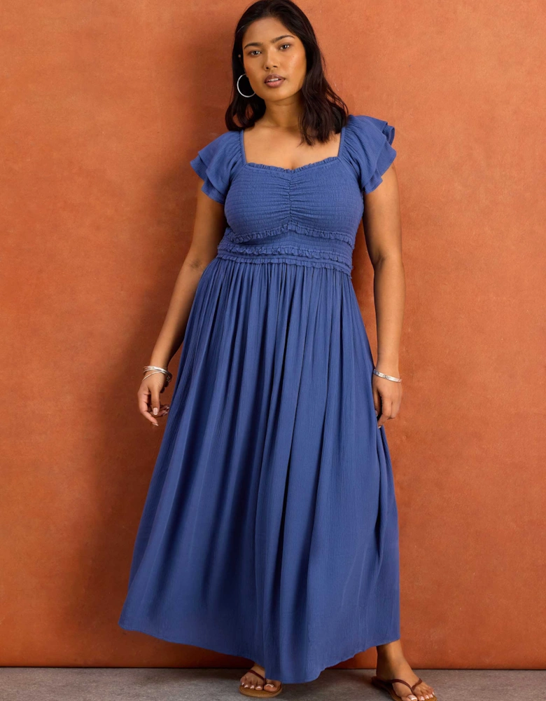 Blue Smocked Crinkle Flutter Sleeve Midaxi Dress