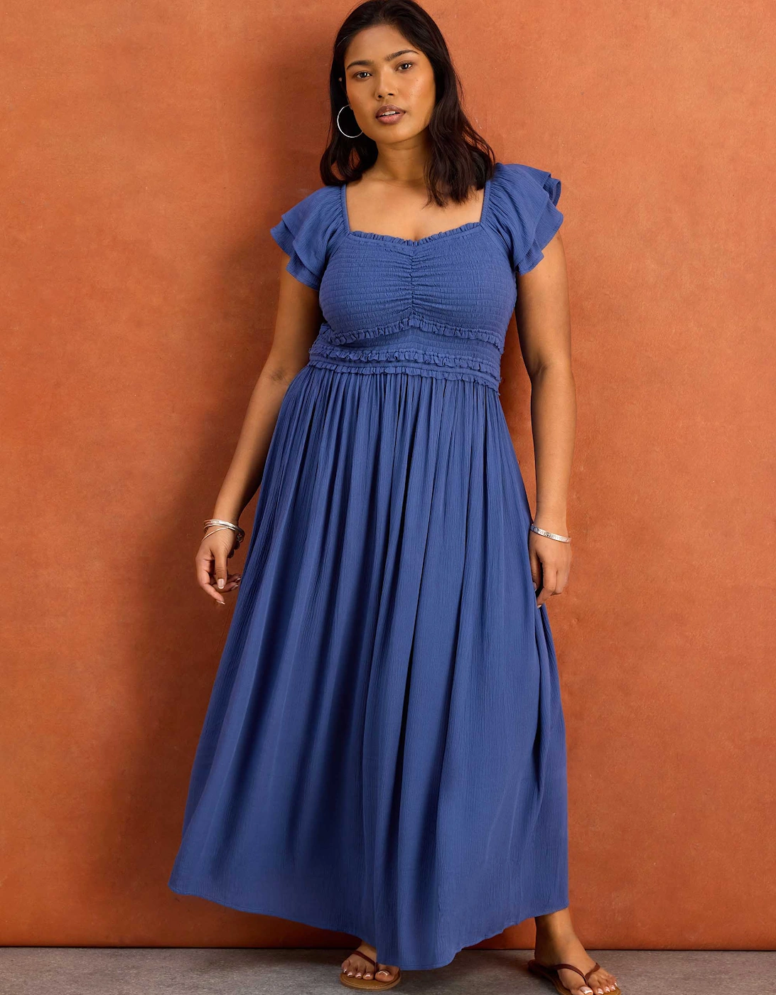 Blue Smocked Crinkle Flutter Sleeve Midaxi Dress