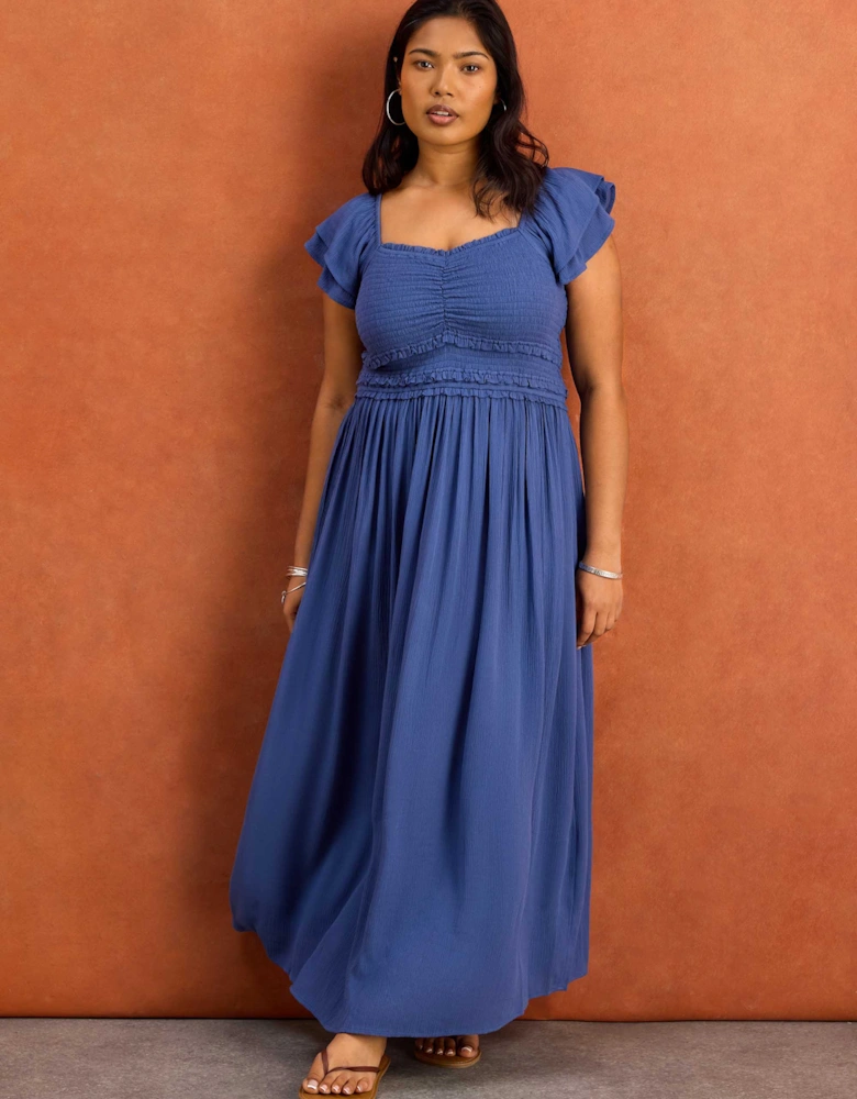 Blue Smocked Crinkle Flutter Sleeve Midaxi Dress