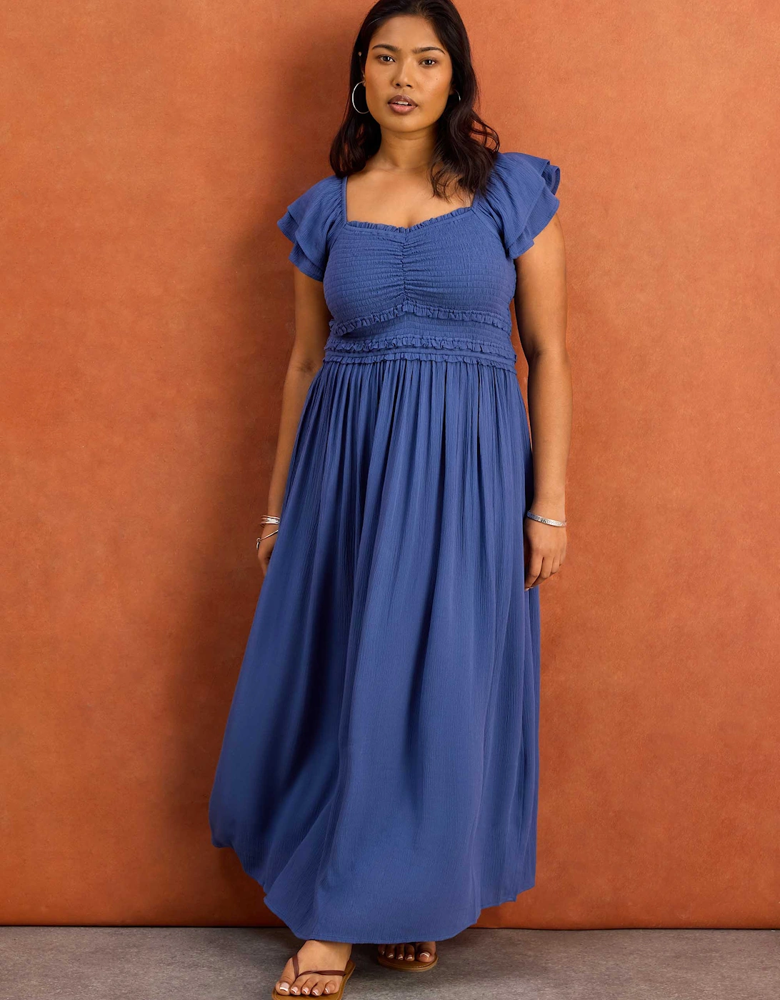 Blue Smocked Crinkle Flutter Sleeve Midaxi Dress
