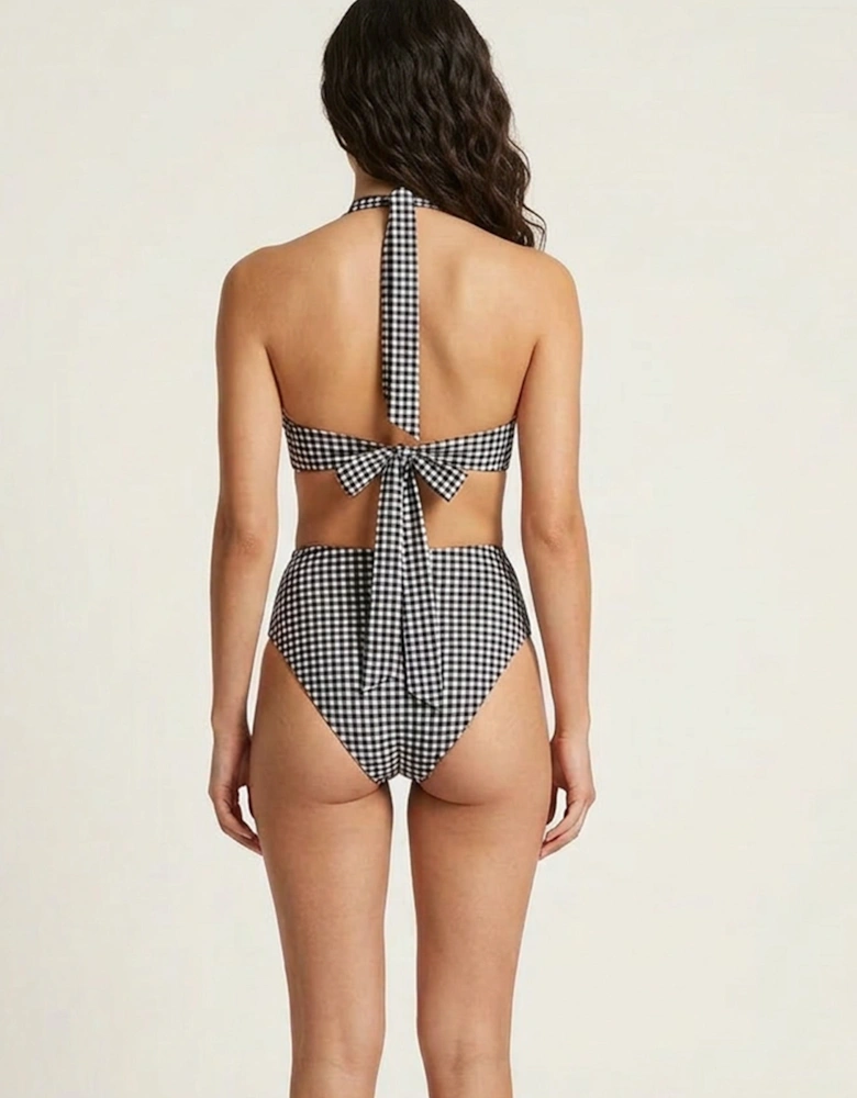 Brown Seersucker Gingham Halter Bikini Top
