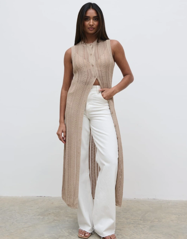 Helen Longline Open Knit Cardigan - beige