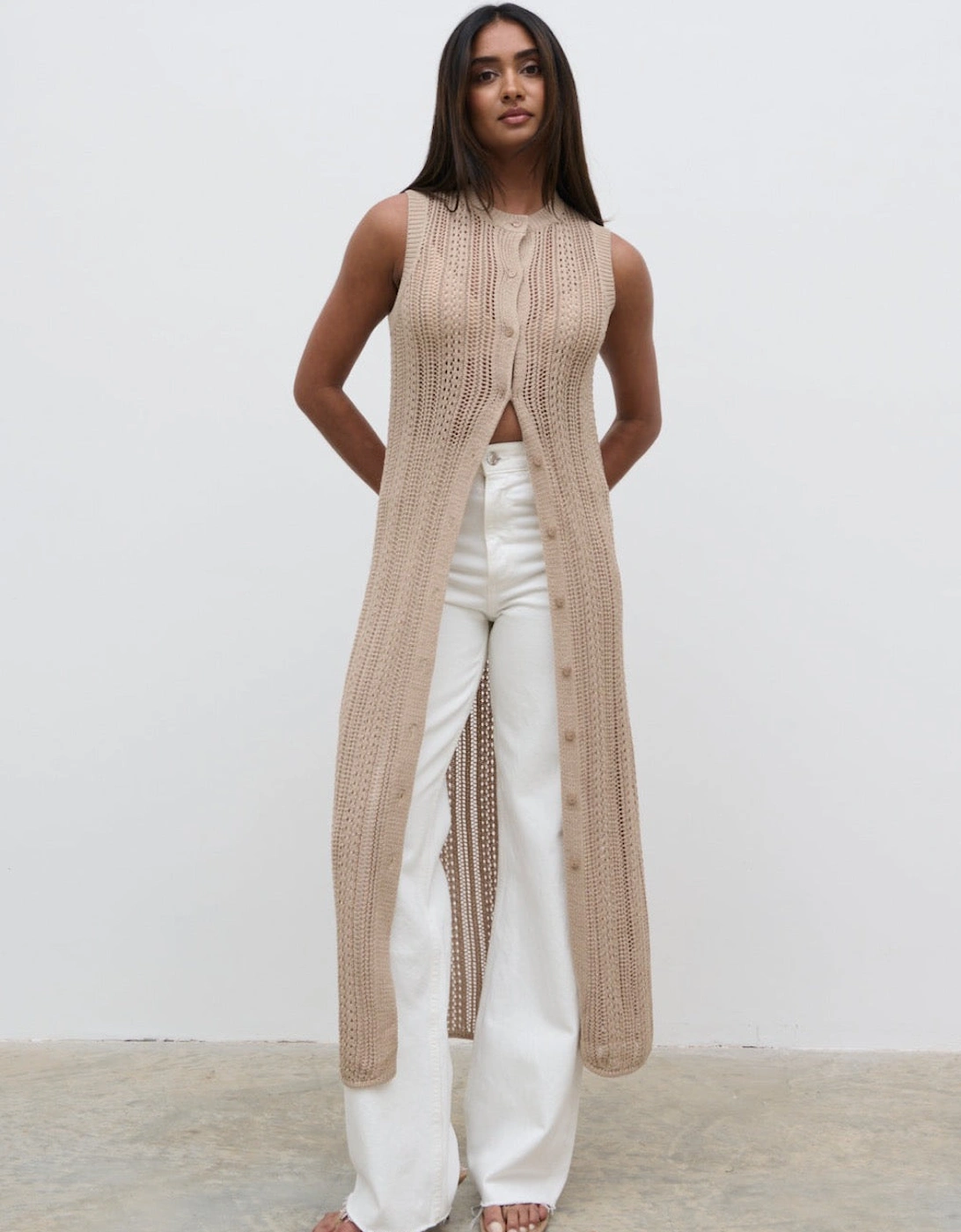Helen Longline Open Knit Cardigan - beige