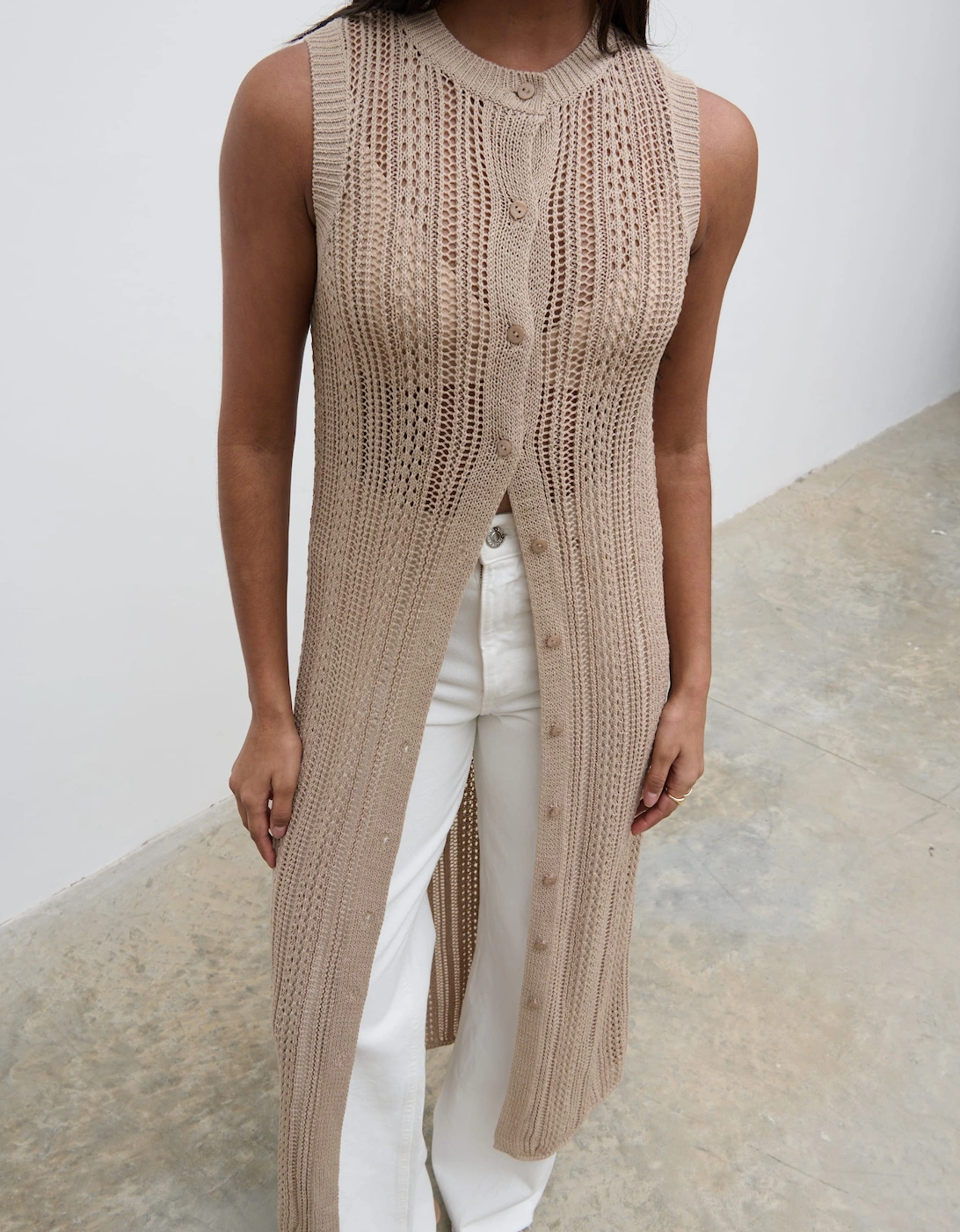 Helen Longline Open Knit Cardigan - beige